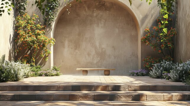 Refined Linen Podium, front view focus, with a Classic Mediterranean Courtyard Background, ideal for summer apparel product displays