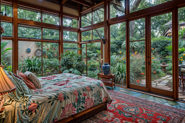 Fototapeta na wymiar Garden Retreat: Spacious Bedroom with Large Bed, Colorful Bedding, and Garden Views