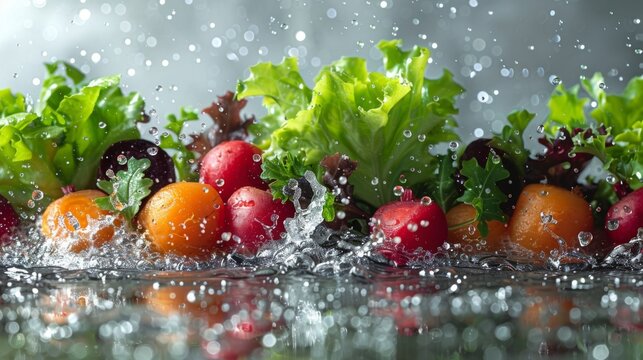Crisp lettuce, radiant carrots, and radiant beets artfully positioned against a white canvas, each droplet of water from their recent wash adding a sparkle that speaks to their freshness