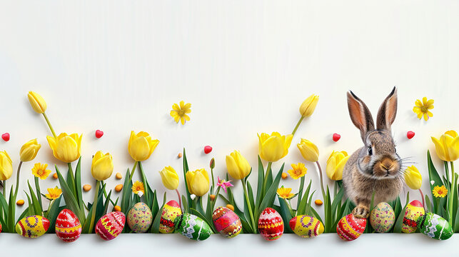 easter bunny with easter eggs and tulips isolated on white with copy space 