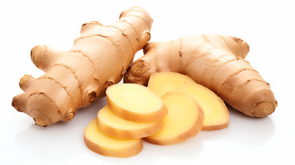 a ginger root and sliced up slices on a white surface