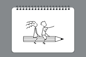 happy students flying back to school, on top of giant pencil, horizontal spiral bound sketchbook page, simple sketch, vector illustration