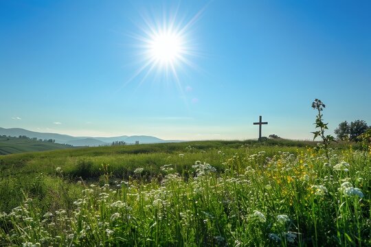 Vibrant summer landscape with a cross silhouette under the bright sun, embodying warmth and faith.