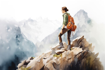 girl tourist in sportswear stands on a rock in the mountains. Watercolor sketch - 764149619