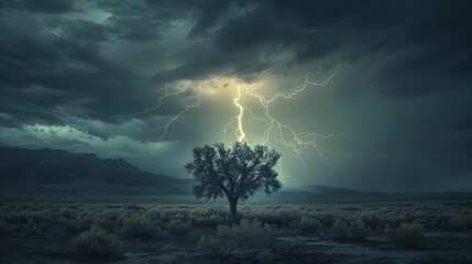 The dramatic sight of lightning striking in the distance, with a solitary tree in the foreground, illustrating nature's scale and fury. - obrazy, fototapety, plakaty