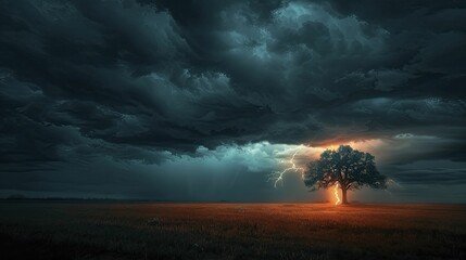 Capturing the untamed power of a lightning bolt in the backdrop, a lone tree stands witness to nature's grandeur and wrath.