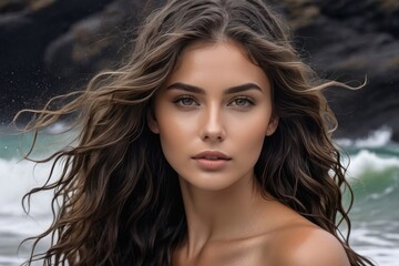 Portrait beautiful model woman with wet flowing healthy long hair and beauty skin, sea waves on background. Generative AI