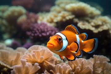 Naklejka na ściany i meble orange clown fish swimming in a sea anemone