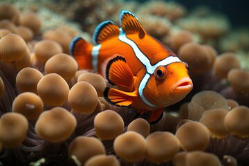 orange clown fish swimming in a sea anemone - Powered by Adobe