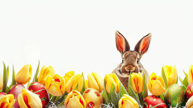 easter bunny with easter eggs and tulips isolated on white with copy space 