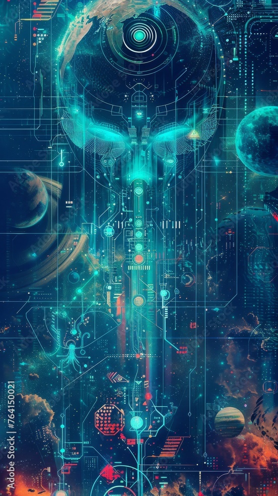Poster a digital painting depicting a futuristic space station in outer space, showcasing advanced technolo