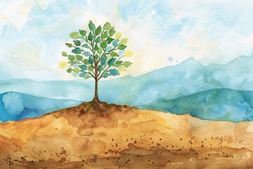 Watercolor illustration of the Parable of the Mustard Seed, depicting the growth of a tiny seed into a large tree. - obrazy, fototapety, plakaty