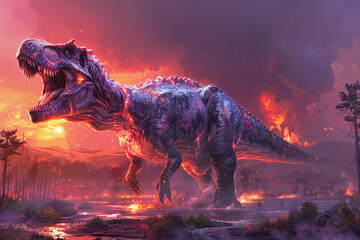 A large, ferocious dinosaur rampages through a forest against a fiery sky with lightning and a small figure in the foreground