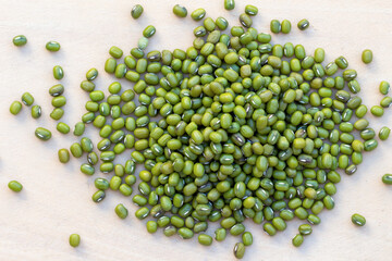 background of mung beans on a wooden table