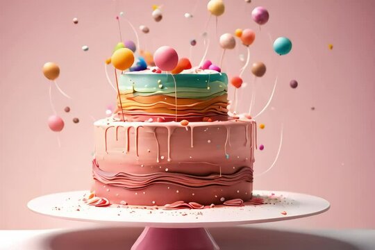 birthday cake with candles and balloons