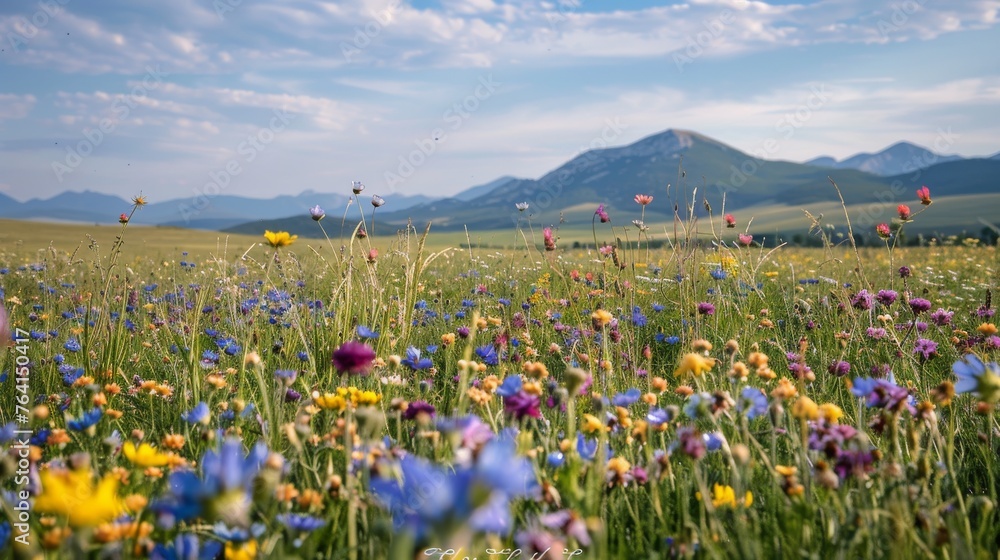 Poster a field of wildflowers with a mountain in the background. the flowers are in various colors and the 