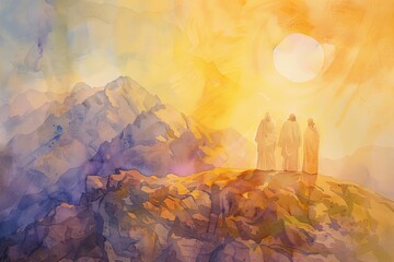 Watercolor scene of the Transfiguration of Jesus Christ on the mountain with Moses and Elijah appearing beside him.