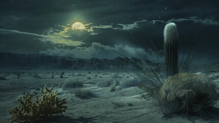 The silent vigil of a cactus in the moonlit desert, standing alone amidst the vastness of the sand and stars - obrazy, fototapety, plakaty