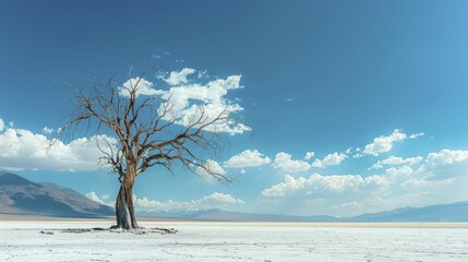 A lone dead tree stands in Bolivian salt flats, evoking a haunting beauty that amplifies the vast desolation of the landscape.
