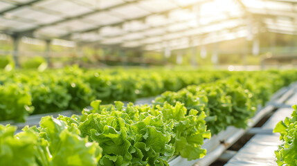 Fresh Lettuce Growing in Sunlit Hydroponic Greenhouse
