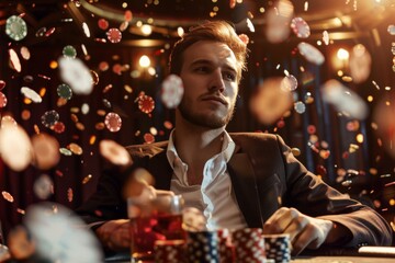 Obraz na płótnie Canvas young caucasian man sitting at casino table with many poker chips flying around and drink, white male gambling and winning, looking confident and handsome, gamble establishment concept