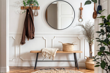 Minimalist Entryway with White Wall, Wooden Bench, Round Mirror, Coat Rack, and Potted Plant