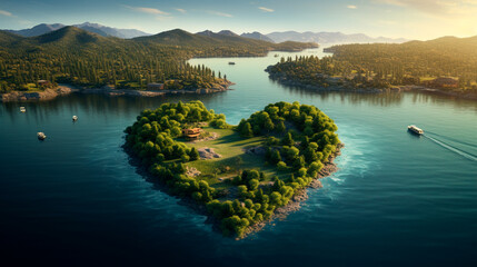 a heart shaped island with a pool and a beach