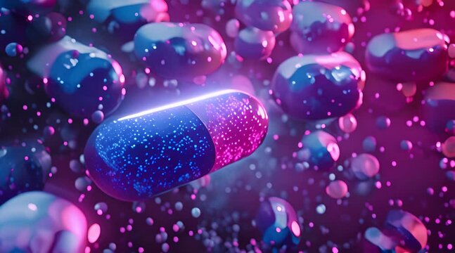 Close-up of a red and blue pill on a background, surrounded by pink and purple sparkly lights.