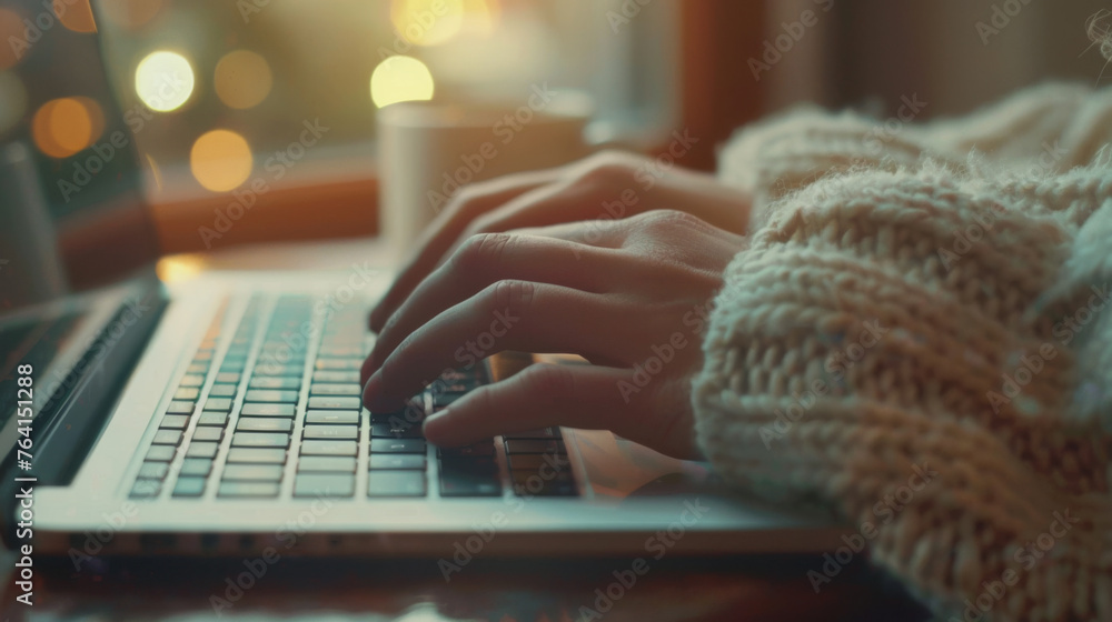 Poster close-up of hands typing on a backlit laptop keyboard in a dimly lit setting.