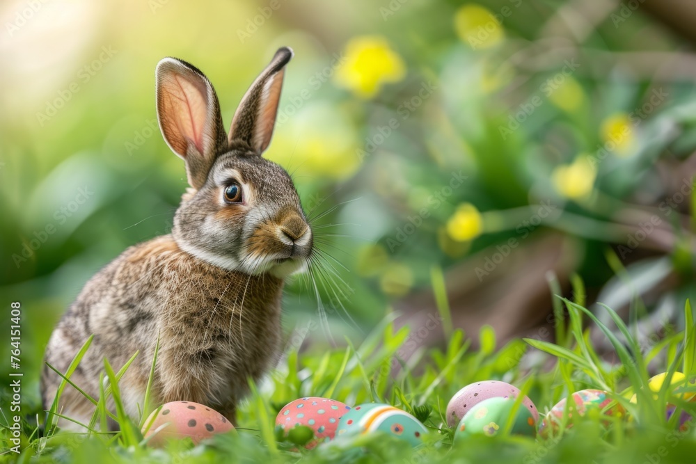 Poster easter bunny with eithers in the grass, surrounded by colorful eggs the background is blurred to emp