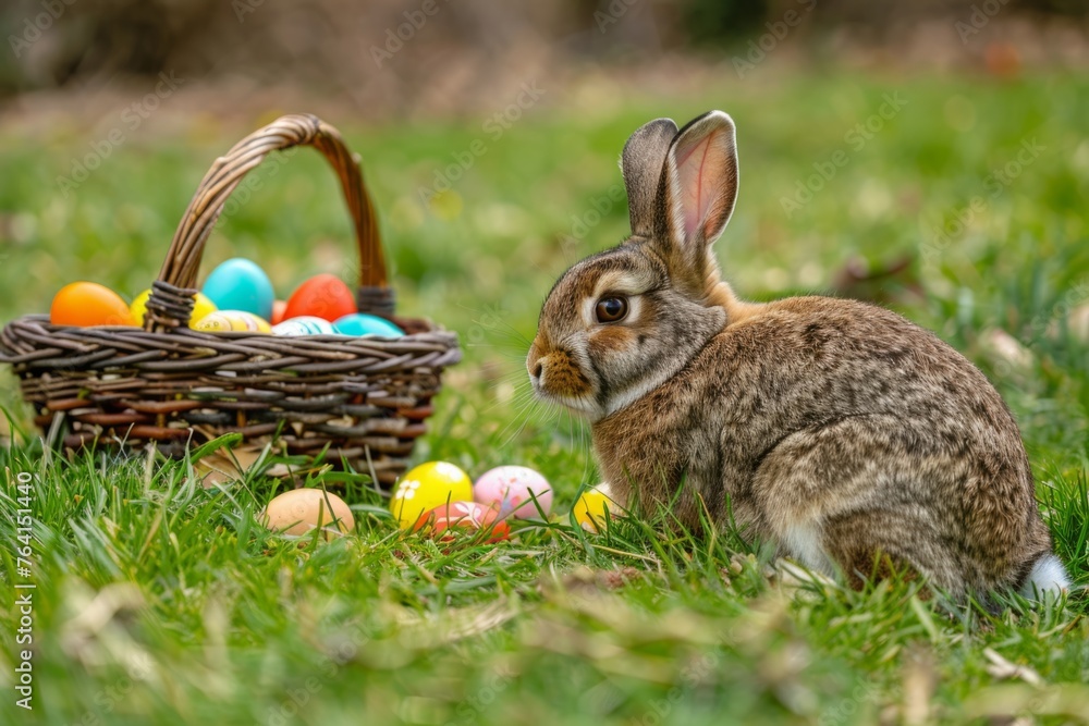 Poster a brown easter bunny sits on the green grass with colorful eggs in front of it, which is placed next