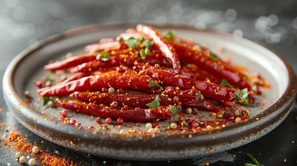 Fotobehang Bright white backdrop with a dusting of cayenne pepper, its vivid red color signaling the intense heat and flavor it brings to dishes.  © Алексей Василюк