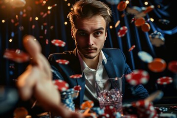 young caucasian man sitting at casino table with many poker chips flying around and drink, white male gambling and winning, looking confident and handsome, gamble establishment concept