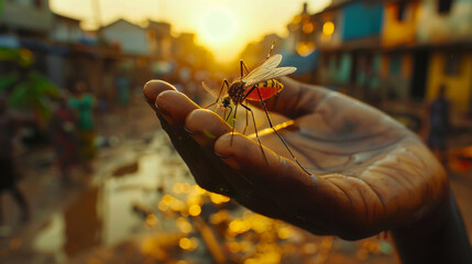 A hand holding a mosquito - obrazy, fototapety, plakaty