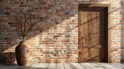 Interior background of room with brick wall, vase with branch and door 3d rendering.