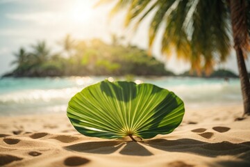 Fototapeta na wymiar blur palm leaf on tropical beach with sun