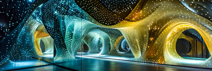 Wunderschöne futuristische Architektur und Innenarchitektur in der Nacht 