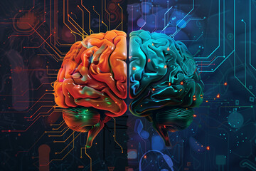 a conceptual illustration of a human brain divided into two halves, with the left side depicting a natural and organic brain, while the right side is represented as a mechanical or digital version