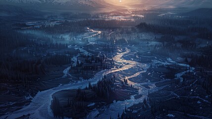 Golden hour over meandering rivers cutting through lush wetlands - obrazy, fototapety, plakaty