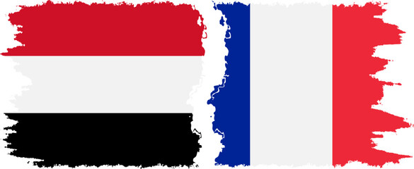 France and Yemen grunge flags connection vector