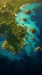 Naklejka na ściany i meble Generative AI Bird's eye view of tropical islands illuminated by the setting sun, highlighting palm-lined coastlines and glistening waters, creating a serene and picturesque scenery. photorealistic ep