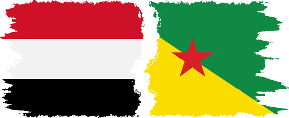 French Guiana and Yemen grunge flags connection vector