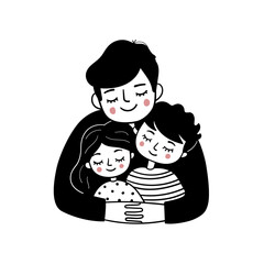 Father hugs son and daughter. Simple black and white doodle illustration. Template for greeting card, print, poster, sticker