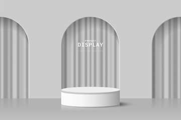 White grey 3d cylinder podium pedestal realistic placed in front of three arch door and curtain background. Minimal scene for mockup or product presentation, 3d vector geometric form design.