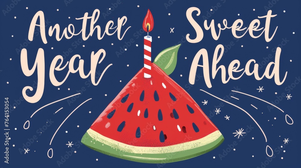 Poster a watermelon slice on a table, with a candle placed on top of it. the slice is red with black seeds,