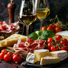 
Italian antipasti wine snacks set, Cheese variety, Prosciutto di Parma, tomatoes and wine in...