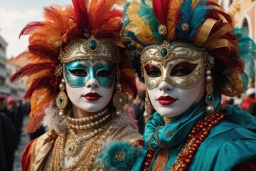 colorful carnival masks at a traditional festival in venice - obrazy, fototapety, plakaty