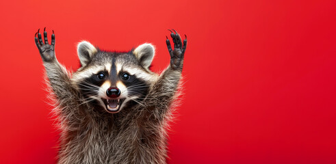 A raccoon on a red background with its paws raised in the air. The raccoon has a big smile on its face and he is happy. Excited raccoon with a big smile and arms raised in celebration on red - obrazy, fototapety, plakaty