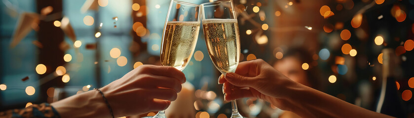 Two people cheering with drinks at a cozy home celebration, sparkling bokeh lights - obrazy, fototapety, plakaty