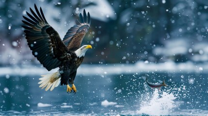 An American Bald Eagle is captured flying gracefully over a vast body of water. The eagles wings are outstretched as it glides effortlessly through the sky, with the shimmering water below reflecting  - Powered by Adobe
